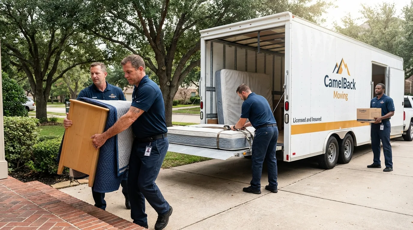 Crew loading residential truck for cross-state move from Monticello, WI