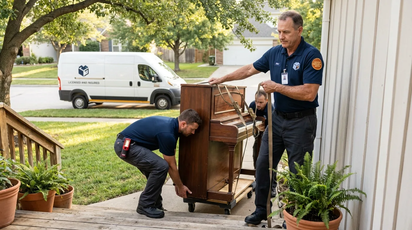 Licensed piano movers securing grand piano in Monticello, WI