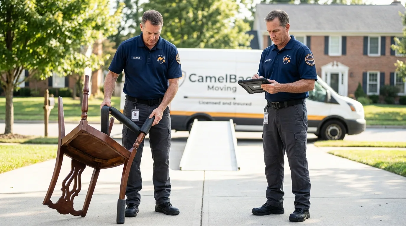 Movers inspecting furniture for damage prevention before loading in Monticello, WI