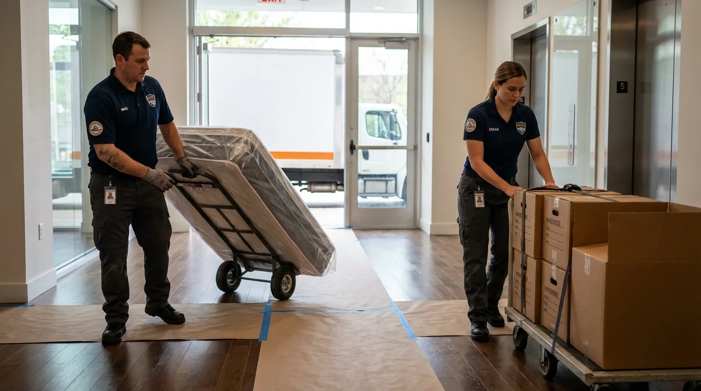 Professional apartment movers loading elevator in Monticello, WI