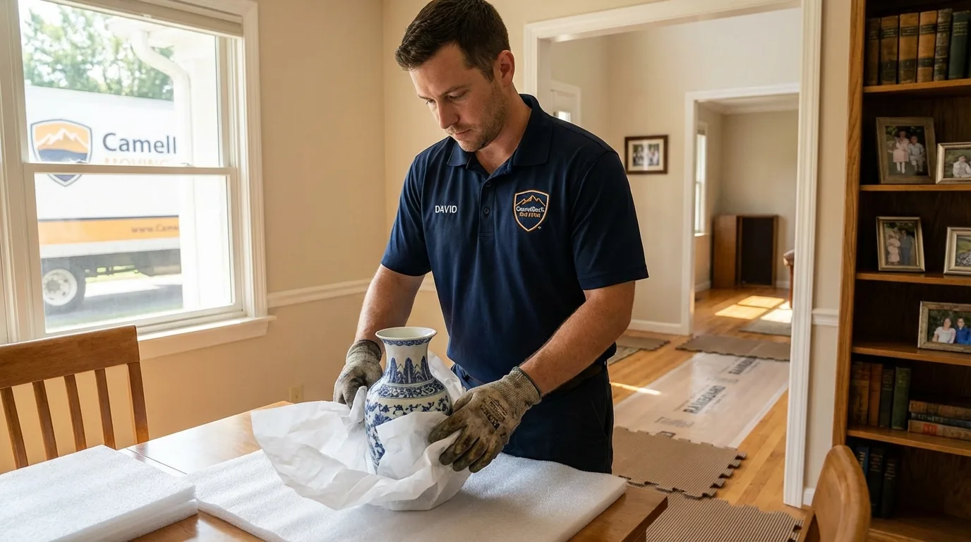 Professional crew carefully wrapping antique vase for senior downsizing move in Monticello, WI